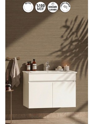 Özceden Lotus 75 cm Beyaz Mdf Seramik Lavabolu Asma Banyo Alt Dolabı