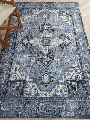 Pera Halı Mavi ve Beyaz Eskitme Medalyonlu Vintage Halı - Outlet - 50039MOU