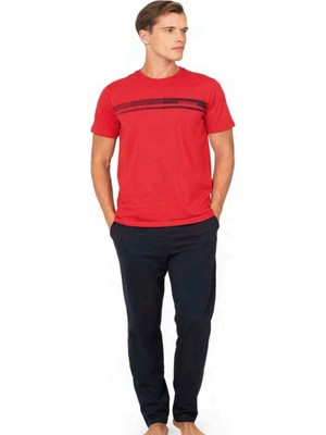 Pierre Cardin 6128 Erkek Kısa Kollu Bisiklet Yaka Pijama Takımı-Kırmızı