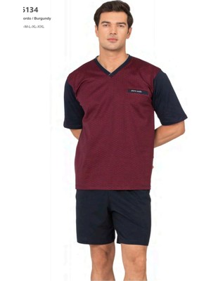 Pierre Cardin 6134 Erkek Kısa Kollu V Yaka 3'lü Jakarlı Pijama Takımı-Bordo