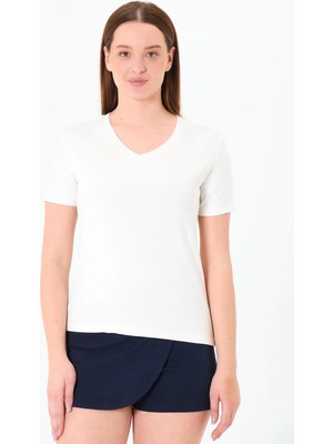 Sortie Collection Kadın V Yaka Premium Modal Kumaş Basic Tişört Ekru
