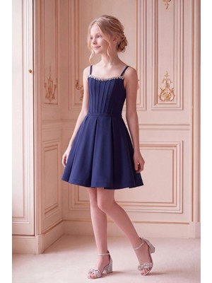 Butik Happy Kids Kız Çocuk Abiye Taş Işlemeli Krep Lacivert Drapeli Askılı  Genç Kız Abiye Elbise 10-15 Yaş