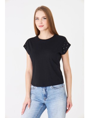 Sortie Collection Kadın Taş Detay Düşük Kol Rahat Kalıp Basic Tshirt Siyah