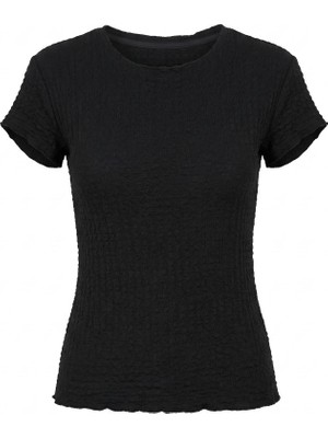 Sortie Collection Kadın Karpuz Kollu Bürümcük Dokulu Fitilli Tshirt Siyah