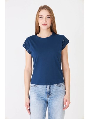 Sortie Collection Kadın Taş Detay Düşük Kol Rahat Kalıp Basic Tshirt Indigo
