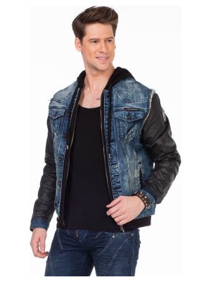 Cipo & Baxx C-1290 Deri Kollu Kapşonlu Denim Ceket