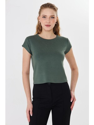 Sortie Collection Kadın Serpme Taşlı Bisiklet Yaka Modal Kumaş Haki Renk Basic Tshirt
