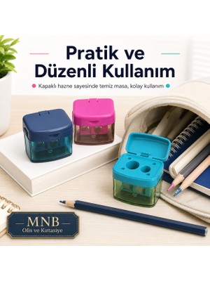 Faber-Castell Mini Box Hazneli Çift Delikli Kalemtraş Seti - 3 Adet Karışık Renkli Avantaj Paketi - Kapaklı ve Şeffaf Tasarım