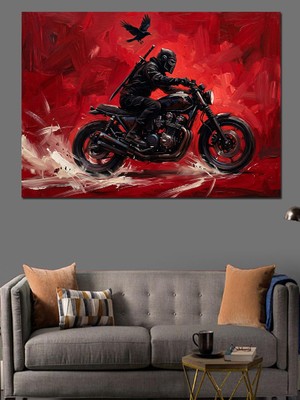 Karizma Tablo Kırmızı Fonda Motosiklet Süren Hayalet Dekoratif Kanvas - Mdf Ahşap Tablo