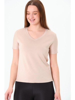 Sortie Collection Kadın V Yaka Premium Modal Kumaş Basic Tişört Bej