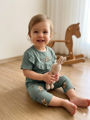 Kız Bebek Tavşan Desenli Şortlu Takım %100 Pamuk Yazlık Rahat 2’li Set
