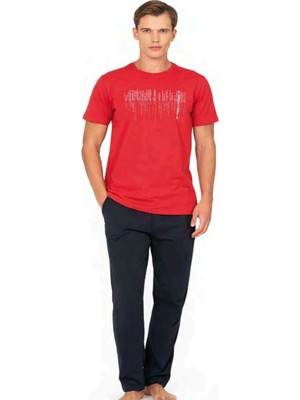 Pierre Cardin 6125 Erkek Kısa Kollu Bisiklet Yaka Pijama Takımı-Kırmızı