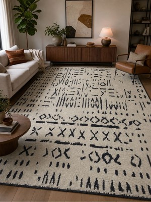 Ruha Home Premium Şönil Siyah Beyaz Halı 6 M² Modern & Etnik Desen Kaymaz Taban Şık Dekoratif
