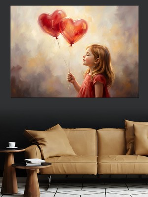Karizma Tablo Kalp Balon Tutan Küçük Kız Dekoratif Kanvas - Mdf Ahşap Tablo