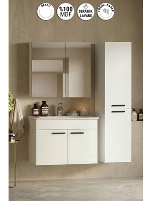 Özceden Petunya 80+35 cm Beyaz Mdf Seramik Lavabolu Asma Banyo Dolabı Takımı