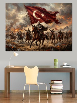Karizma Tablo At Üstünde Bayrak Tutan Savaşçı Dekoratif Kanvas - Mdf Ahşap Tablo
