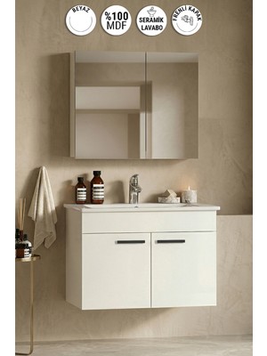 Özceden Petunya 80 cm Beyaz Mdf Seramik Lavabolu Asma Banyo Dolabı Takımı