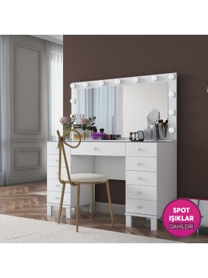 Rani BJ183 Hollywood Işıklı Aynalı Makyaj Masası Cam Tablalı Fiyonk Sandalye Takım Beyaz