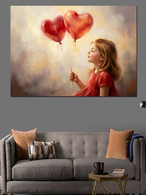 Karizma Tablo Kalp Balon Tutan Küçük Kız Dekoratif Kanvas - Mdf Ahşap Tablo