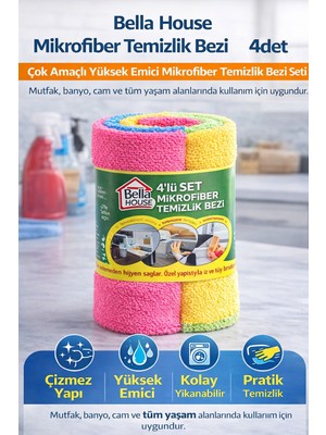Bezo Najmaddin Bella House Mikrofiber Temizlik Bezi 4 Adet (4’lü 1 Rulo)Çok Amaçlı Yüksek Emi