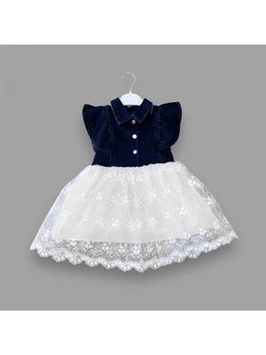 Baby Najmaddin 2-3-4 Yaş Astarlı Brode Etekli Kot Kumaş Düğmeli Kız Çocuk Elbisesi Lacivert N