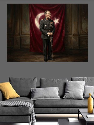 Artmeg Türk Bayrağı Önünde Atatürk Portresi Dekoratif Kanvas - Mdf Ahşap Tablo