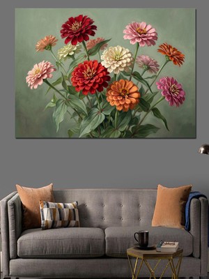 Karizma Tablo Vazoda Renkli Krizantem Çiçek Buketi Dekoratif Kanvas - Mdf Ahşap Tablo