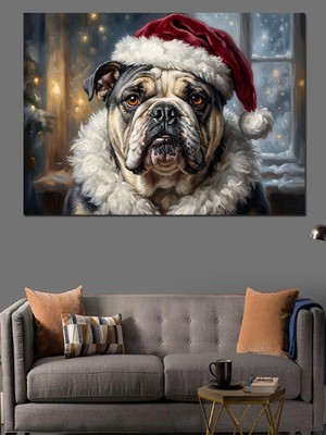 Karizma Tablo Noel Şapkalı Sevimli Bulldog Köpeği Dekoratif Kanvas - Mdf Ahşap Tablo