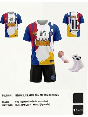 Neymar Jr Tüm Takımlar Ortak Tasarım ( Mix ) Retro Çocuk Forma Takımı 4 Parça Çorap+Bileklik Hediye