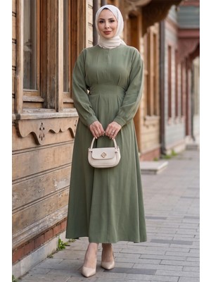 Hafsa Mina Beli Lastikli Yandan Tokalı Pensli Modal Elbise Haki HM2909