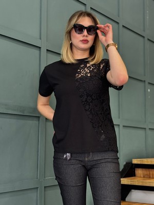 Dörtelle Kadın Dantel Detaylı Bisiklet Yaka T-Shirt