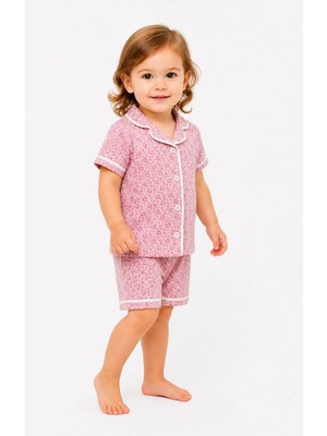 Dinamik çocuk Kız Çocuk Kalp Desenli Pijama Takımı Yazlık Kısa Kollu Şortlu Alt Üst 2li Takım Pamuklu Düğmeli Rahat 6-24AYLIK