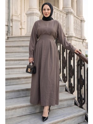 Hafsa Mina Beli Lastikli Yandan Tokalı Pensli Modal Elbise Vizon HM2909