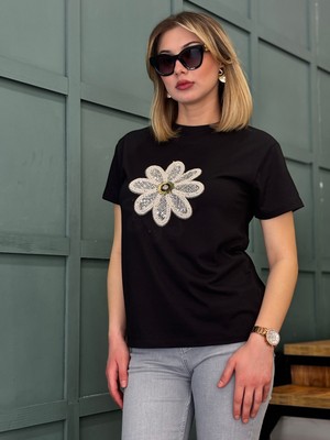 Dörtelle Kadın Dantel Detaylı Bisiklet Yaka T-Shirt