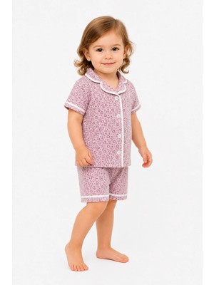 Dinamik çocuk Kız Çocuk Kalp Desenli Pijama Takımı Yazlık Kısa Kollu Şortlu Alt Üst 2li Takım Pamuklu Düğmeli Rahat 6-24AYLIK