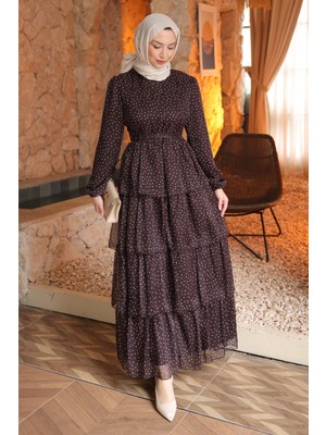 İmaj Butik Kahverengi Eteği Katlı Şifon Elbise