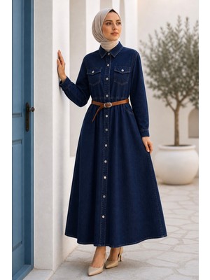 İmaj Butik Lacivert Kemerli Düğmeli Kot Elbise