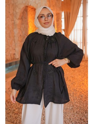 İmaj Butik Siyah Yaka Bağlamalı Çiçek Motifli Gömlek