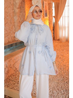 İmaj Butik Bebe Mavi Yaka Bağlamalı Çiçek Motifli Gömlek