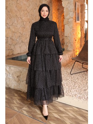İmaj Butik Siyah Eteği Katlı Şifon Elbise