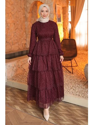 İmaj Butik Mürdüm Eteği Katlı Şifon Elbise