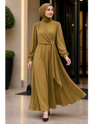 İmaj Butik Yağ Yeşili Yan Bağlamalı Tokalı Elbise