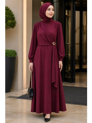 İmaj Butik Mürdüm Yan Bağlamalı Tokalı Elbise