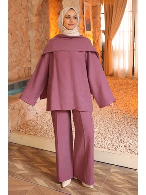 İmaj Butik Mürdüm Şal Detaylı Tunik Pantolonlu Takım
