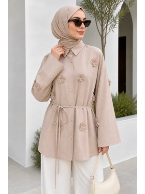 İmaj Butik Bej Lazer Kesim Çiçek Detaylı Modal Dokuma Gömlek