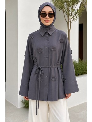 İmaj Butik Antrasit Lazer Kesim Çiçek Detaylı Modal Dokuma Gömlek