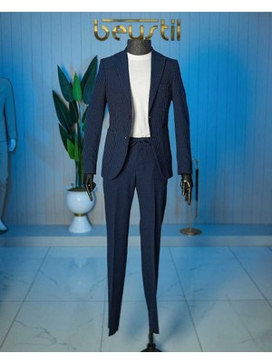 Beystil Lacivert Spor Casual  Çizgili Takım Elbise Parodi -Slim Fit