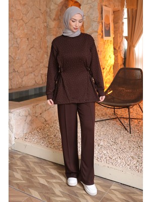 İmaj Butik Kahverengi Önü Taş Detaylı Yan Ip Bağlamalı Tunik Pantolonlu Takım