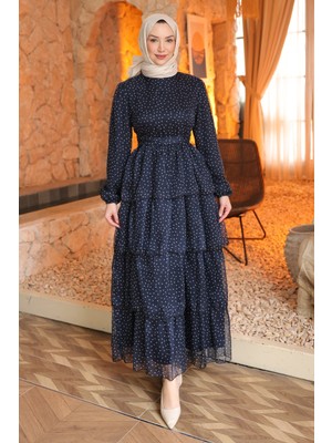 İmaj Butik Lacivert Eteği Katlı Şifon Elbise
