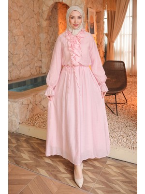 İmaj Butik Pembe Bel Lastikli Fırfırlı Elbise